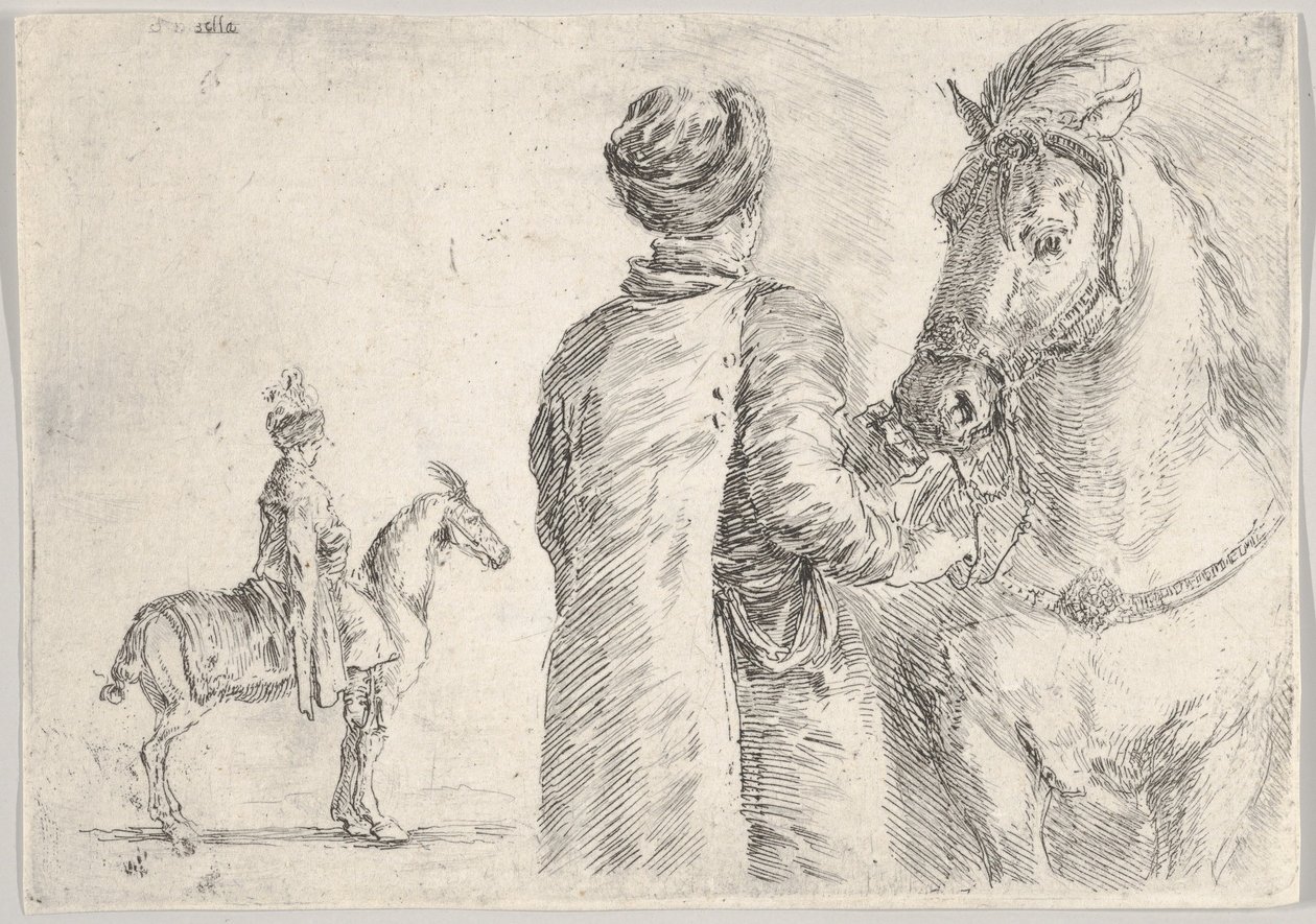 Un valletto polacco, visto da dietro, che tiene le briglie di un cavallo a destra, un cavaliere polacco..., ca. 1662 da Stefano della Bella