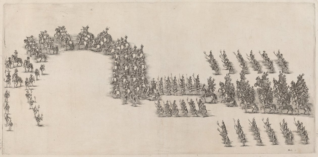 Una processione di sessanta cavalieri e portatori di torce da Stefano della Bella