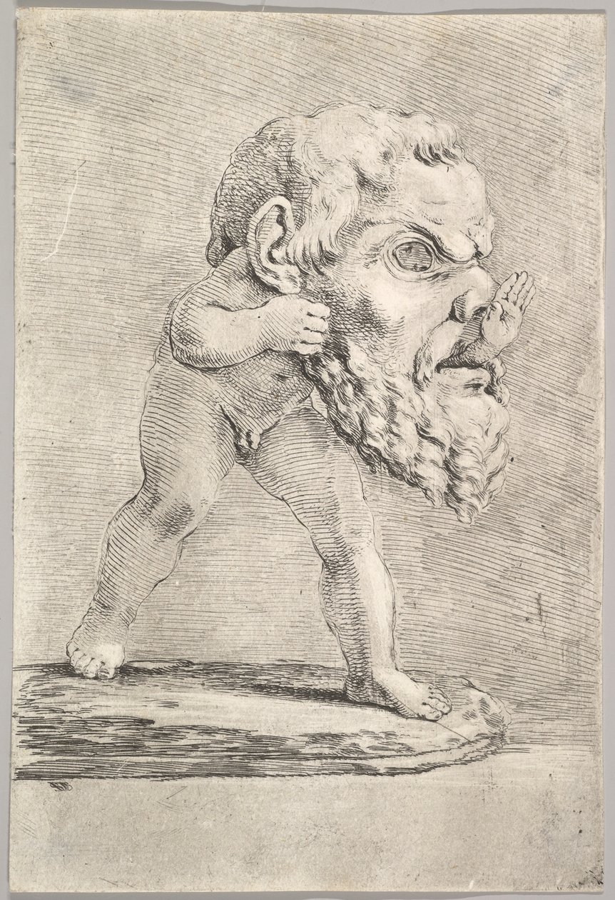 Un bambino che indossa una grande maschera e inserisce la mano attraverso la bocca, ca. 1660 da Stefano della Bella