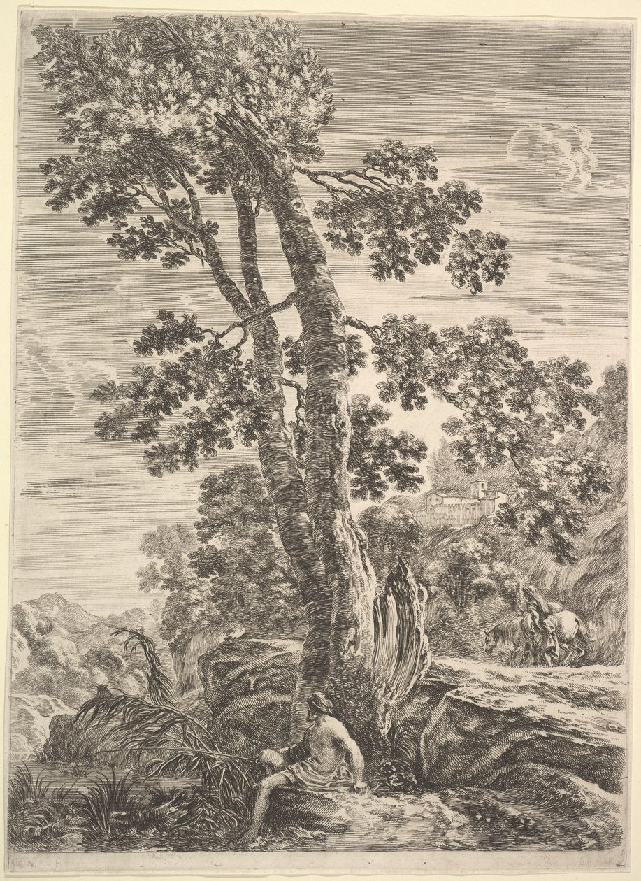 Un pescatore al centro rivolto a sinistra e appoggiato a un grande albero, una donna che cammina..., ca. 1652-57 da Stefano della Bella