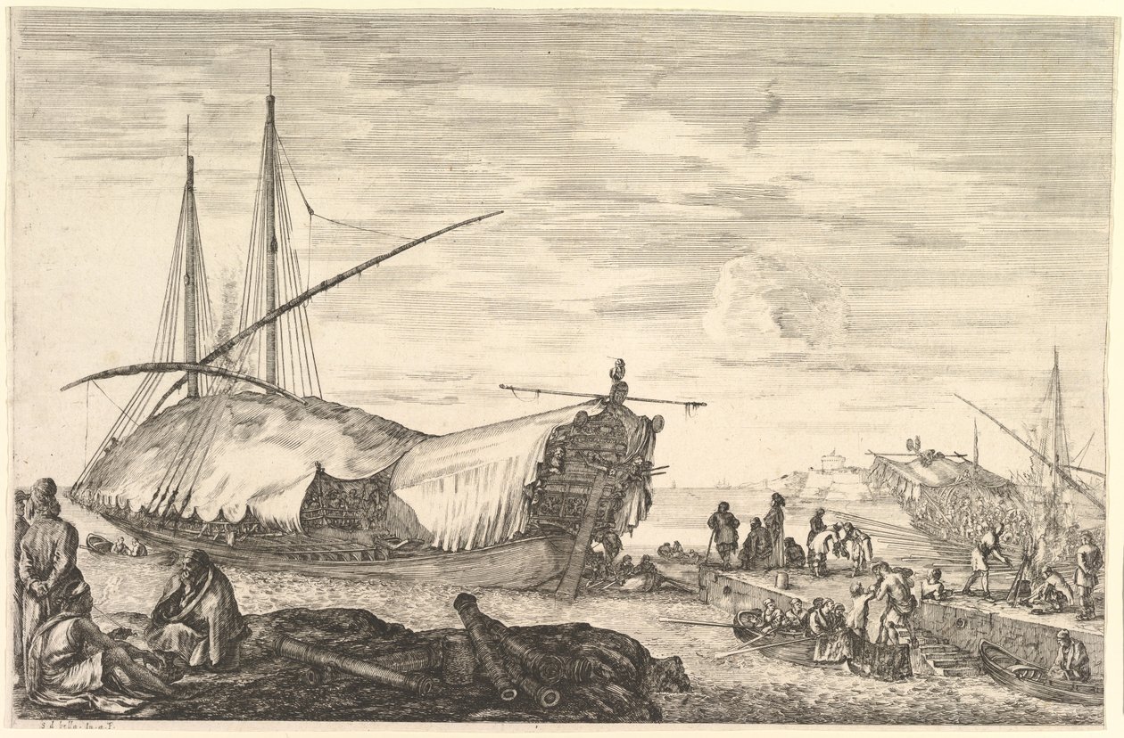 Una galea ricoperta di vele, tratta da “Viste del porto di Livorno” (Vues du port de Livourne) da Stefano della Bella