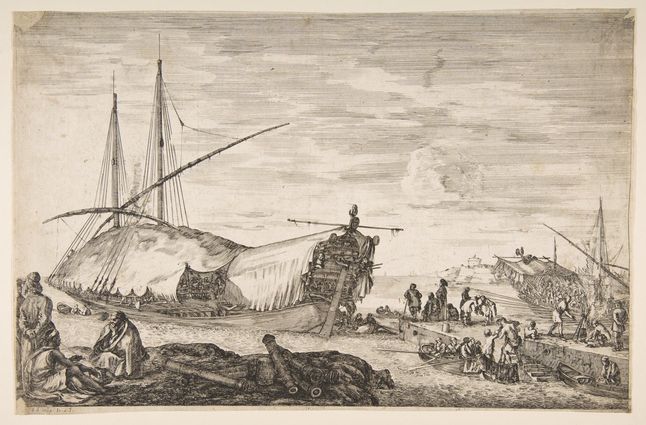 Una galea coperta di vele a sinistra, sei cannoni e quattro persone in primo piano a sinistra, 1655 da Stefano della Bella