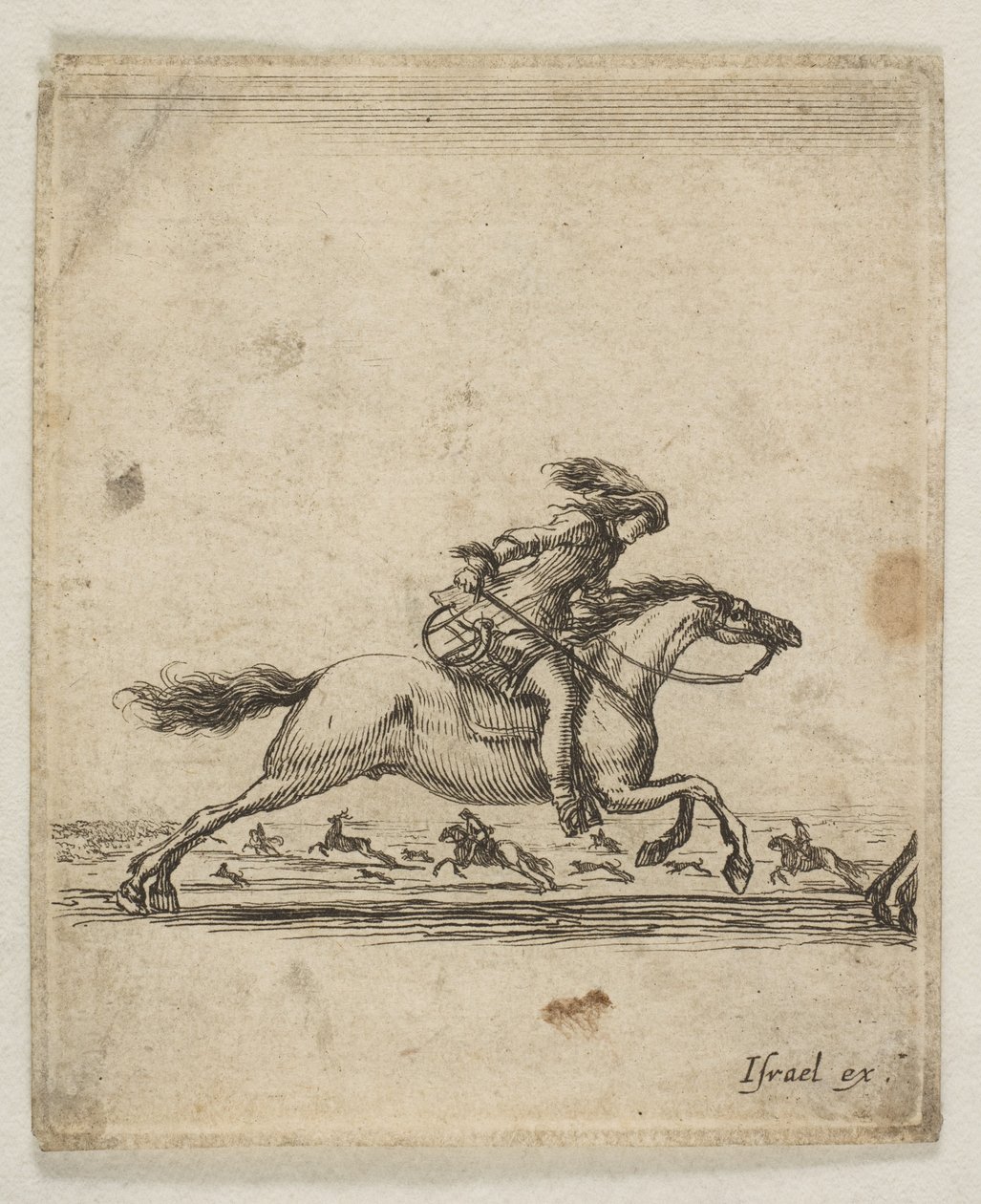 Un cavaliere con spada in mano che galoppa verso destra, altri cavalieri che galoppano da Stefano della Bella