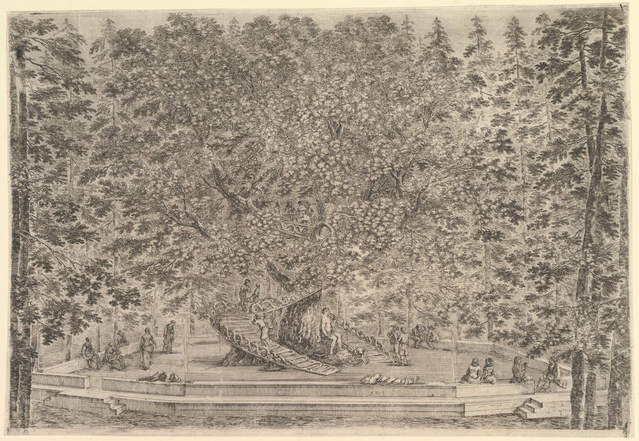 Un grande albero abitato al centro con rampe che girano intorno al tronco, sotto un sentiero di pietra..., ca. 1653 da Stefano della Bella