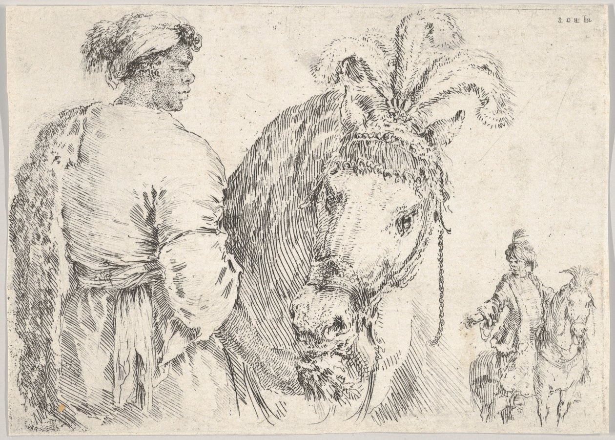 Un uomo a sinistra di profilo che dà una manciata di fieno a un cavallo al centro, un cavaliere a destra, ca. 1662 da Stefano della Bella