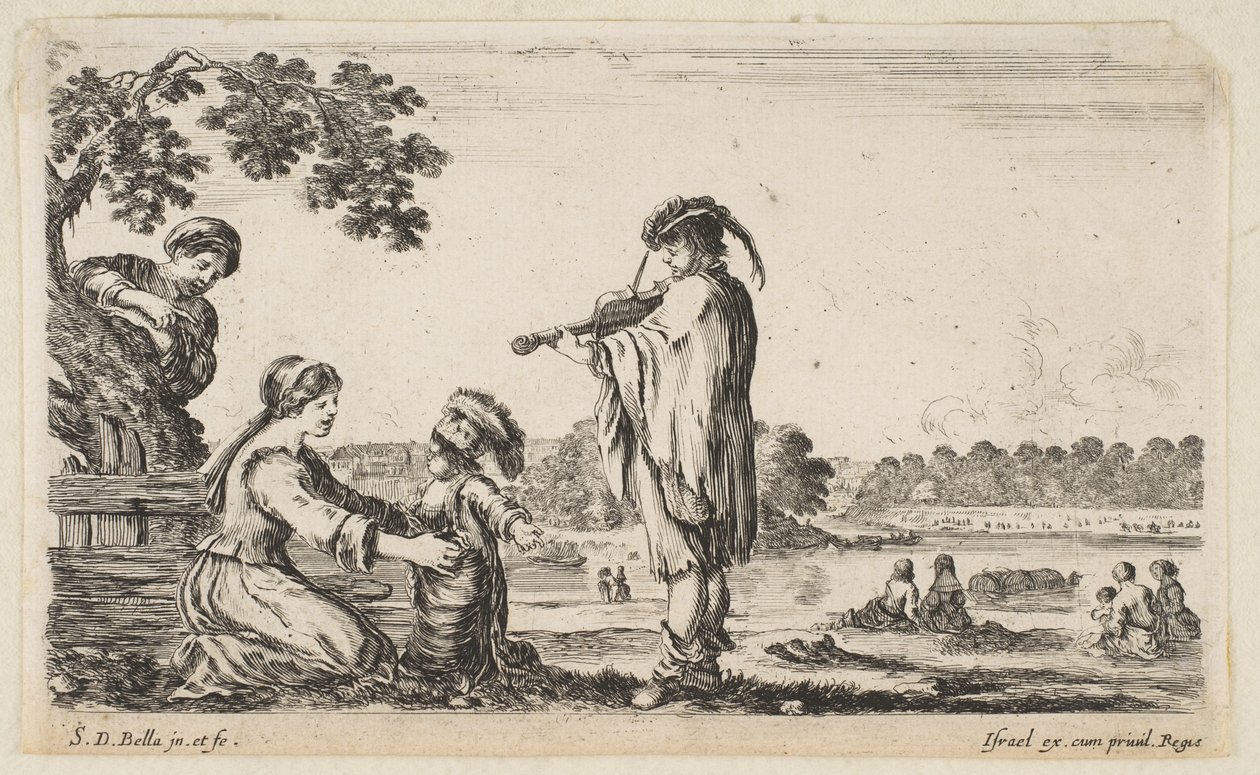 Un uomo che suona il violino al centro, rivolto verso sinistra in profilo, una donna seduta a ..., 1649 da Stefano della Bella