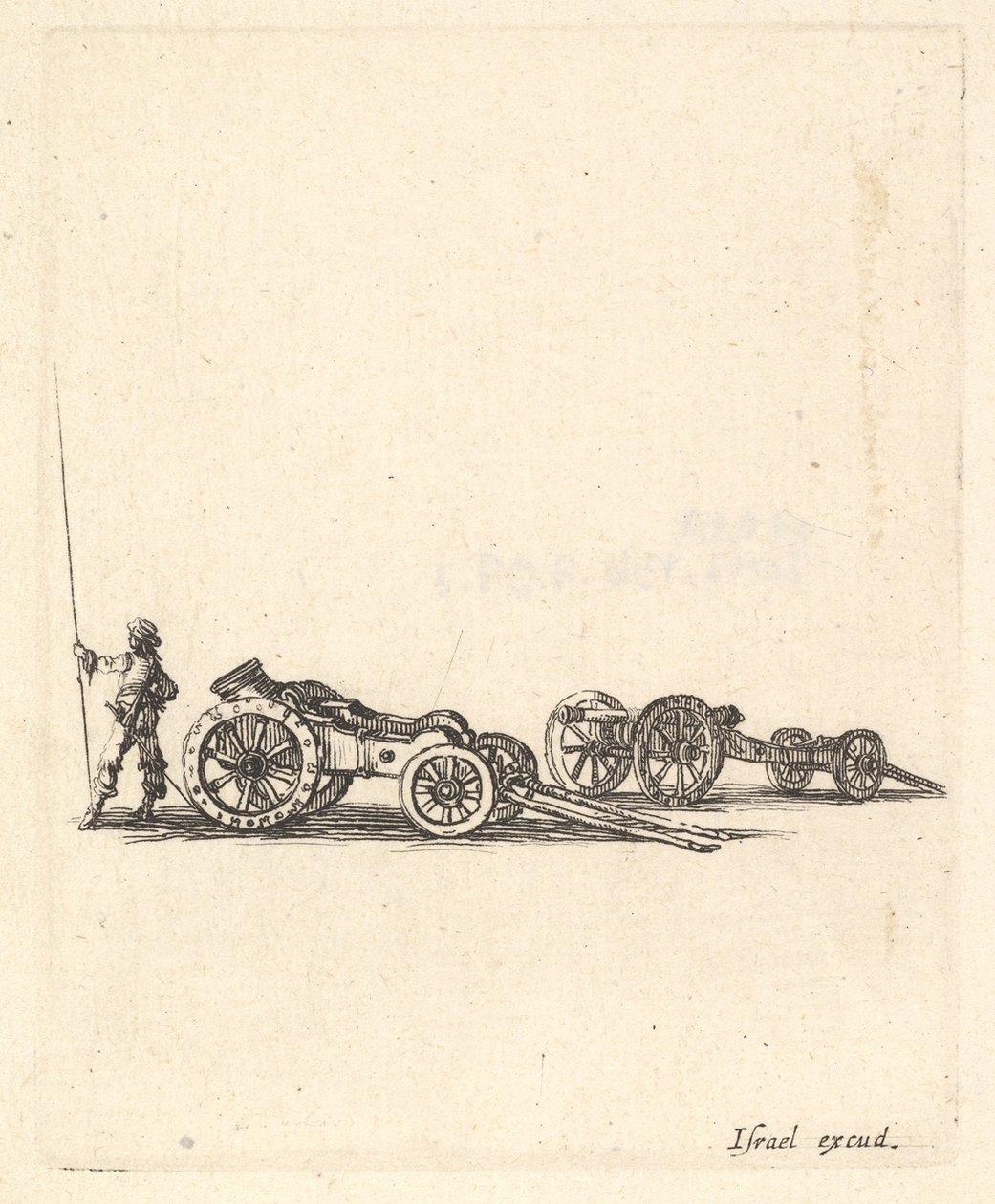 Un mortaio e un cannone, entrambi montati su carri, un soldato visto di spalle, ca. 1638-43 da Stefano della Bella