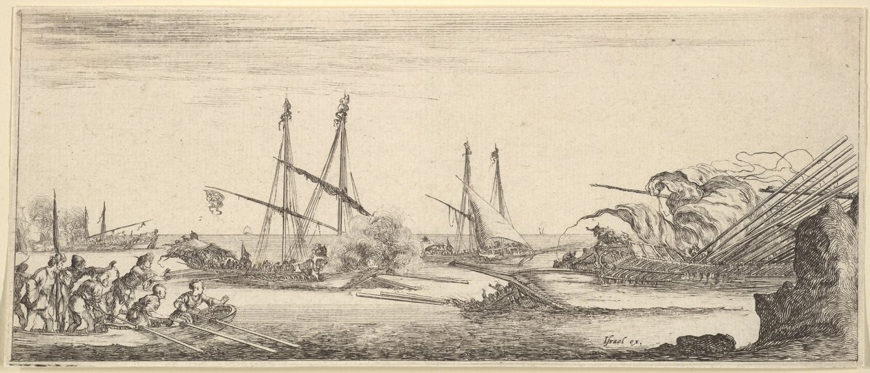Una battaglia navale, una barca piena di uomini a sinistra, una nave che affonda a destra, due galee in battaglia da Stefano della Bella