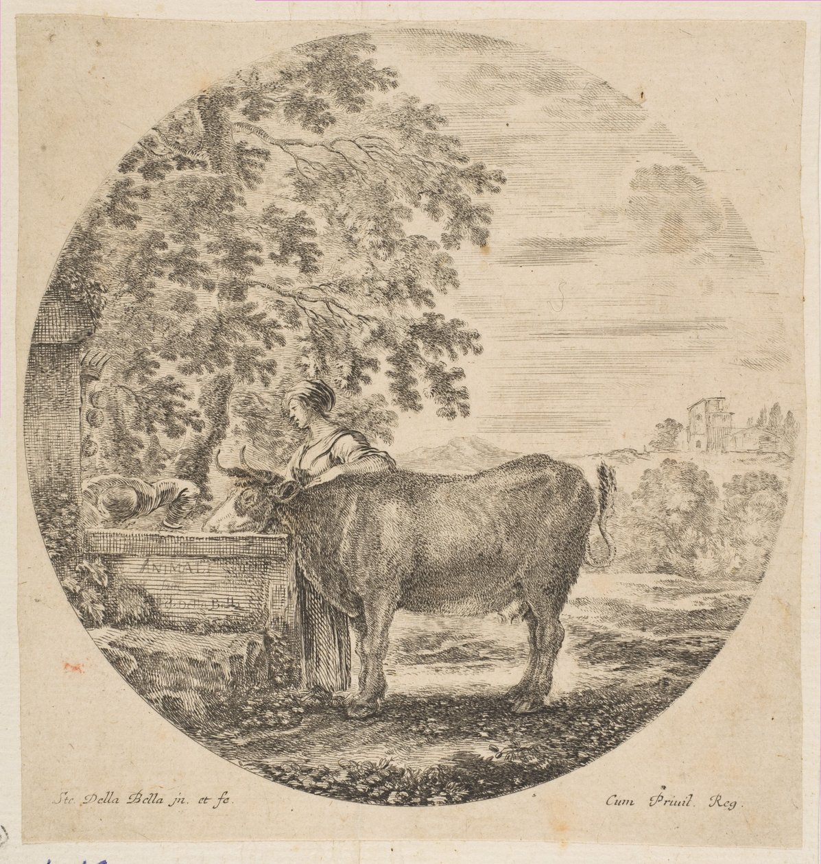 Una contadina con una mucca a una fontana decorata con le armi dei Medici da Stefano della Bella