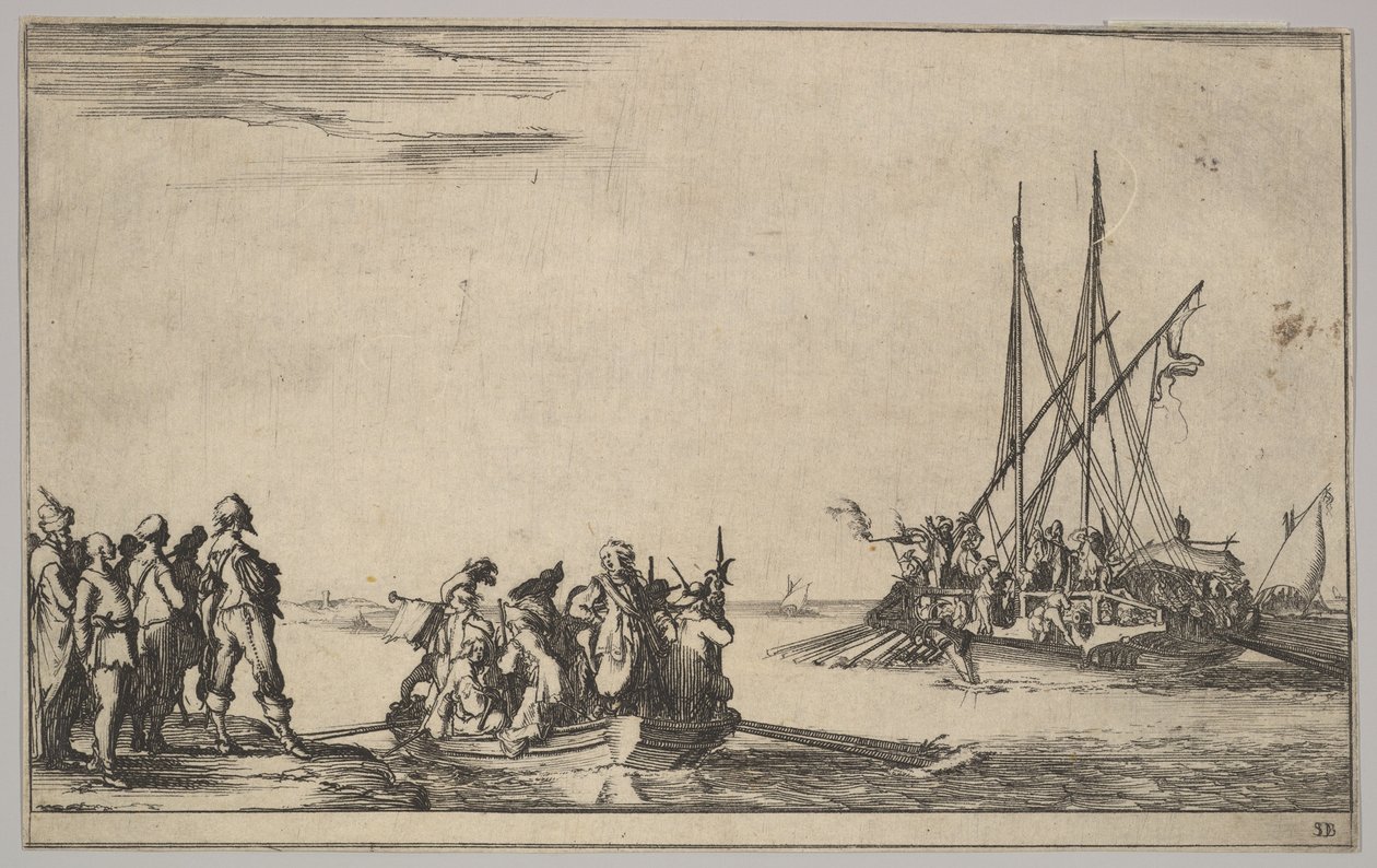 Una barca piena di uomini al centro, un gruppo di uomini in piedi sulla riva a sinistra, una nave piena di ..., 1639 da Stefano della Bella