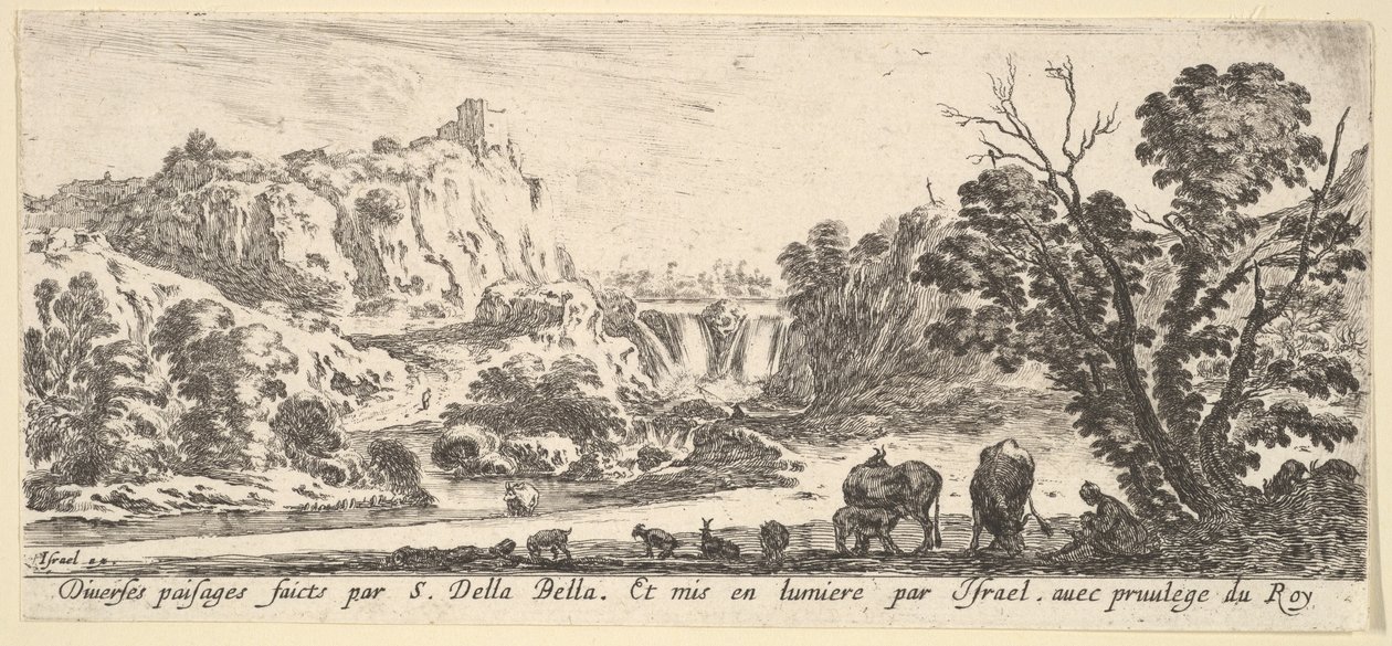 Una cascata che scende dalle montagne sullo sfondo centrale, vari animali, ca. 1641 da Stefano della Bella