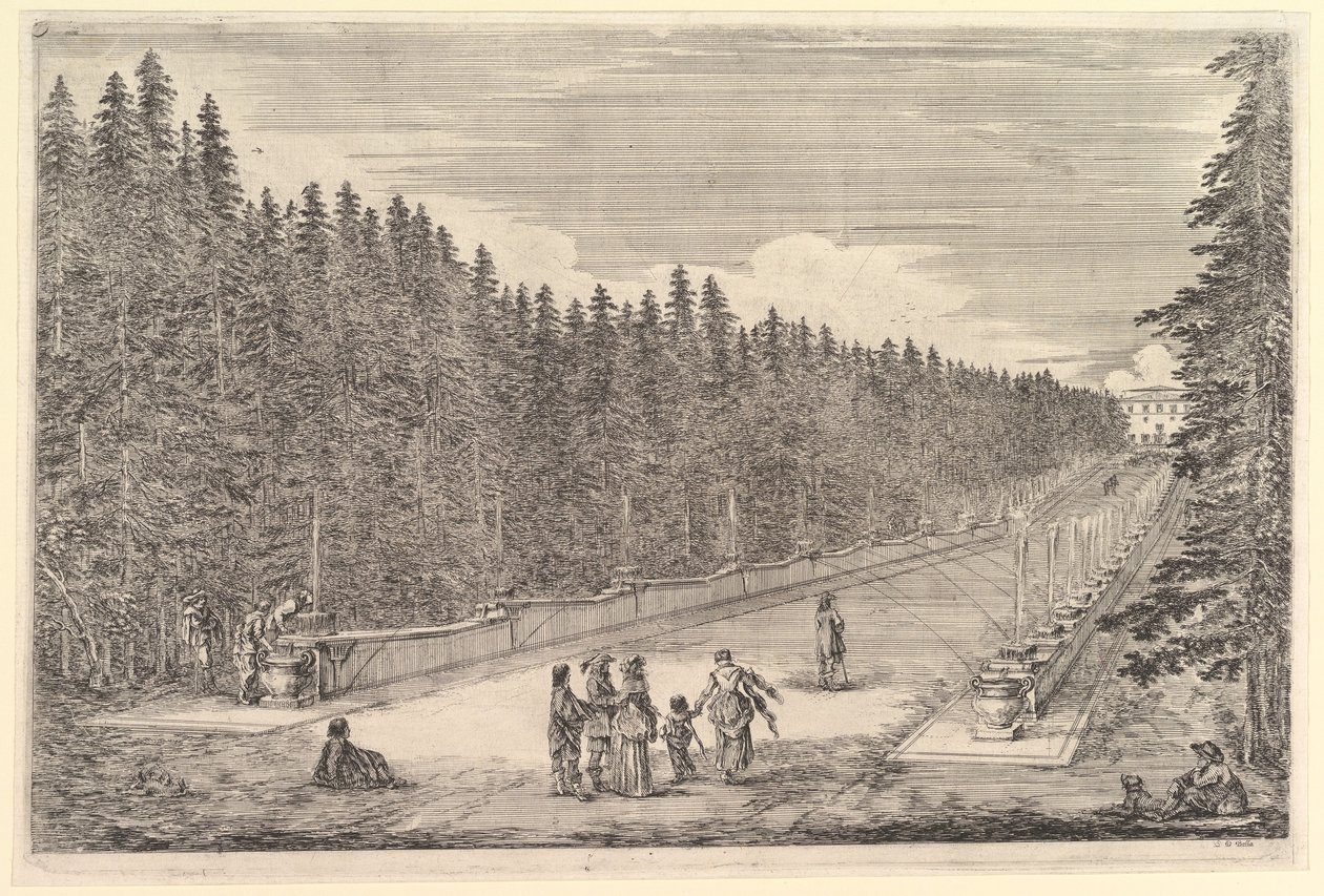 Un viale di fontane, un gruppo di persone, tratto da “Vedute della villa di Pratolino” (Vues de la villa de Pratolino) da Stefano della Bella