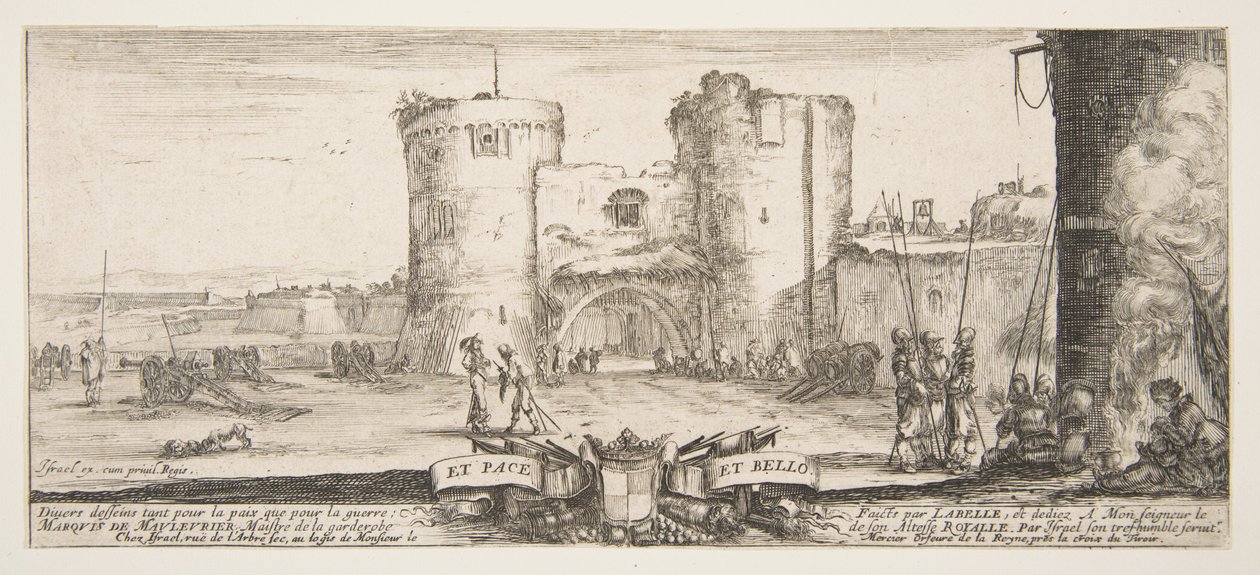 Un ingresso a una fortezza al centro, una donna con bambino seduta vicino a un fuoco a destra, ca. 1641 da Stefano della Bella