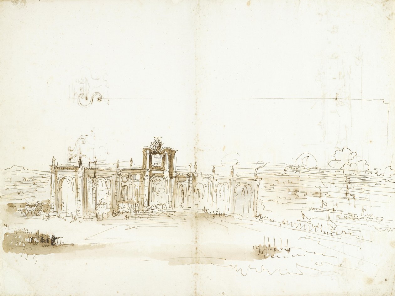 Veduta del porto di Livorno con un edificio che reca lo stemma dei Medici [recto]; veduta del porto e due studi ornamentali [verso] da Stefano della Bella