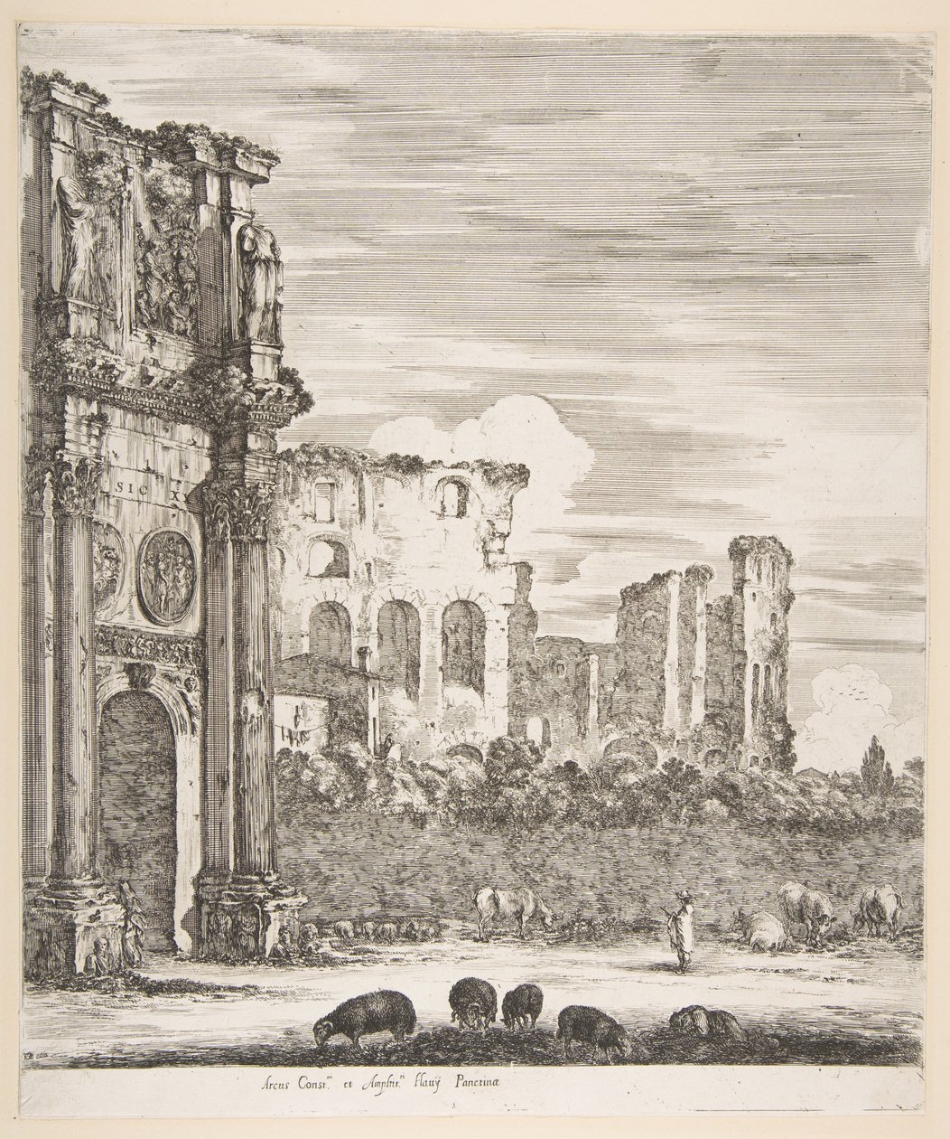 Arco di Costantino e Colosseo con pecore al pascolo in primo piano, da "Sei grandi vedute, quattro di Roma e due della Campagna romana" (Sei grandi vedute, di cui quattro di Roma e due della Campagna romana) da Stefano della Bella