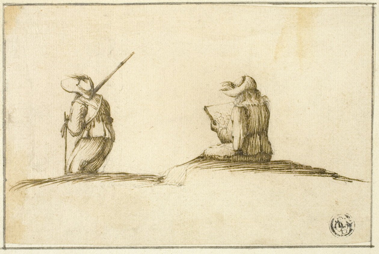 Artista che disegna e soldato, entrambi visti di spalle da Stefano della Bella