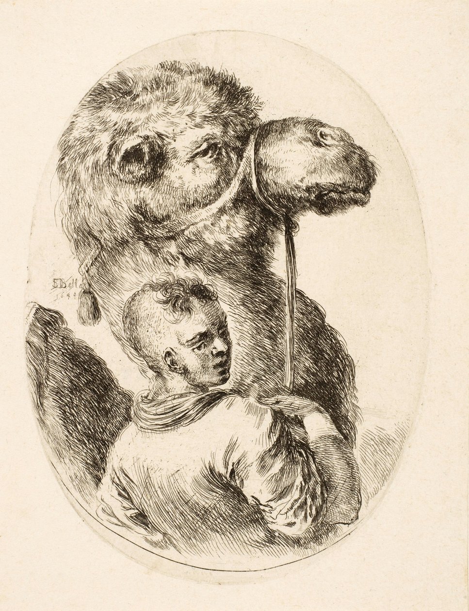 Ragazzo che tiene un cammello per la briglia, da Plusieurs Têtes Coiffées à la Persienne, pub. c. 1650 da Stefano della Bella