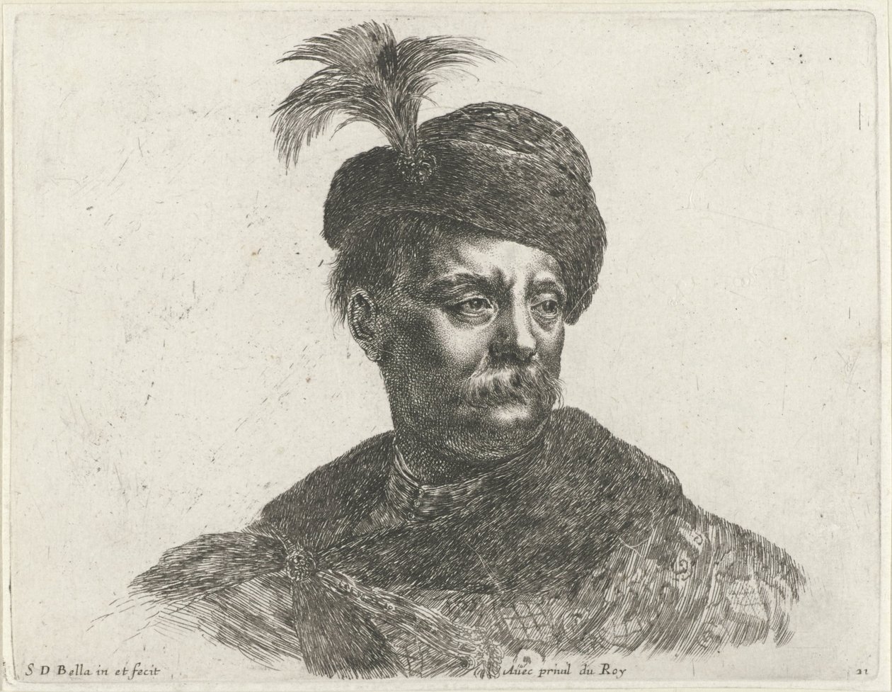 Busto di un uomo polacco con baffi e cappello con piuma (De beginselen van het tekenen, I principii del disegno) da Stefano della Bella