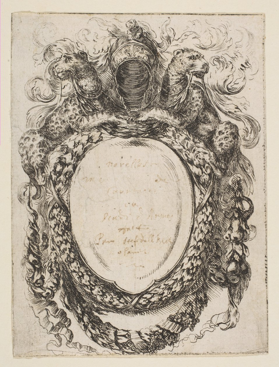 Cartiglio coronato da elmo e leopardi da Stefano della Bella