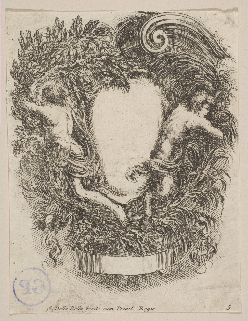 Cartiglio incorniciato da Apollo e Pan da Stefano della Bella