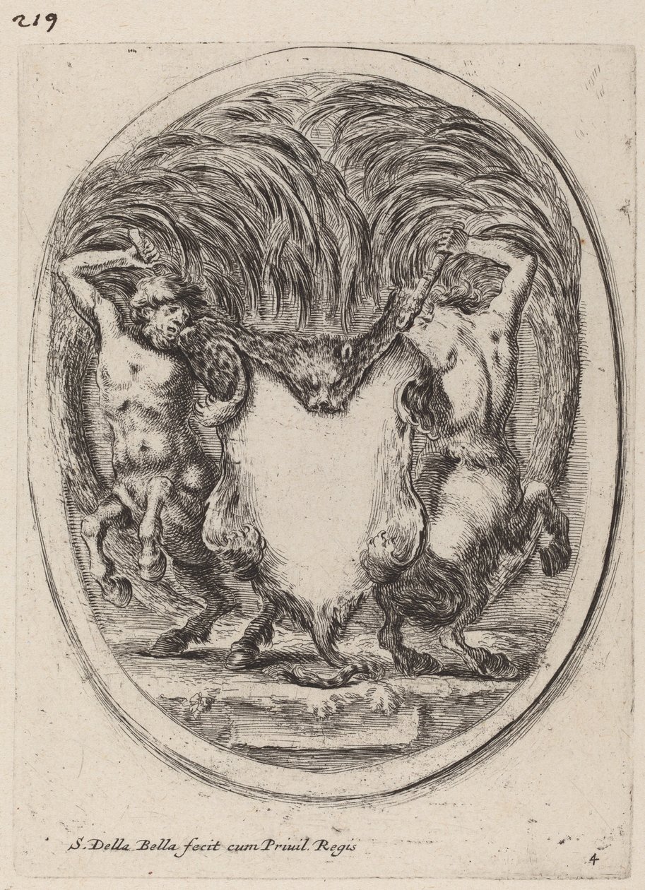 Cartiglio a forma di tigre scuoiata sostenuto da centauri, 1647 da Stefano della Bella