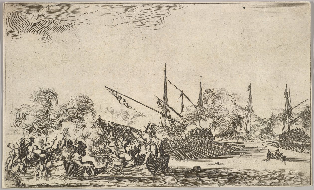 Combattimento tra diverse barche a remi e navi, due gruppi di uomini in barche a remi che combattono a sinistra..., 1639 da Stefano della Bella