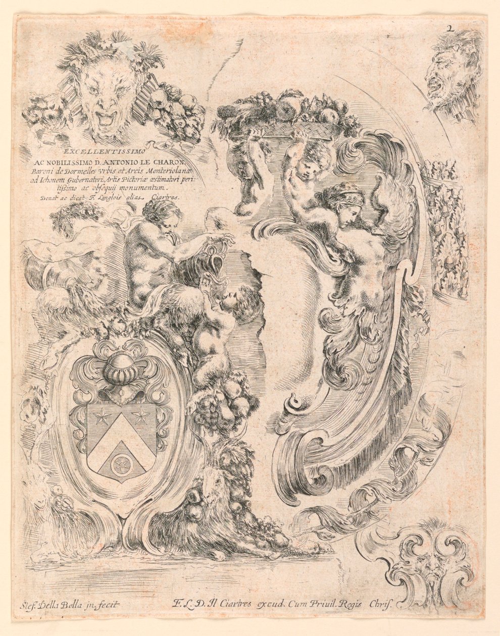 Stemmi e dettagli per stemmi, n. 2 da "Raccolta di varii cappriccii et nove inventioni di cartelle et ornamenti" da Stefano della Bella
