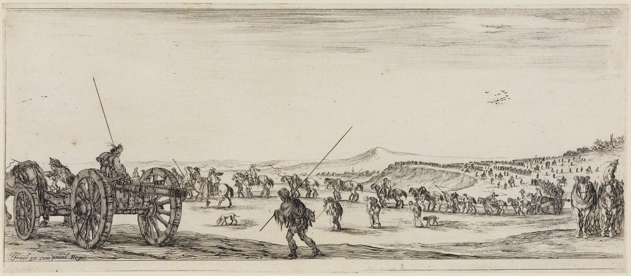 Pace e guerra (Et pace et bello): carri con cannoni e due soldati armati di lunghe lance da Stefano della Bella