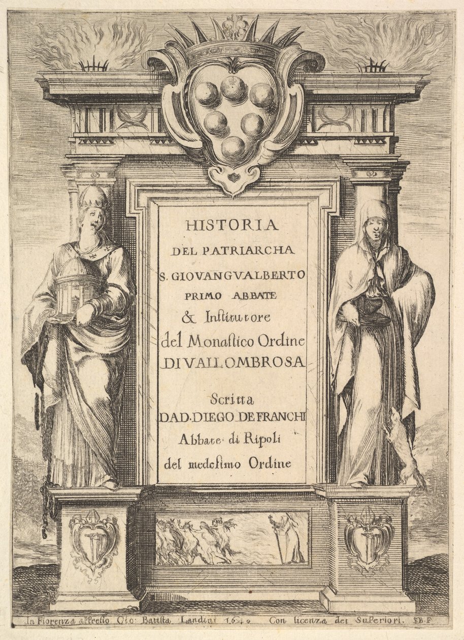 Frontespizio: un monumento decorato con lo stemma dei Medici in alto al centro, fiamme, 1640 da Stefano della Bella