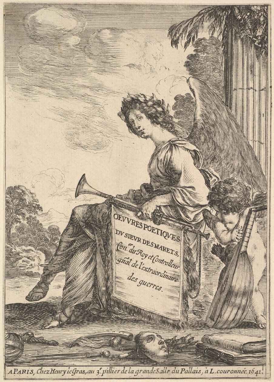 Frontespizio per Poesie di Desmarets Oeuvres poétiques de Desmarets: una donna alata..., 1641 da Stefano della Bella