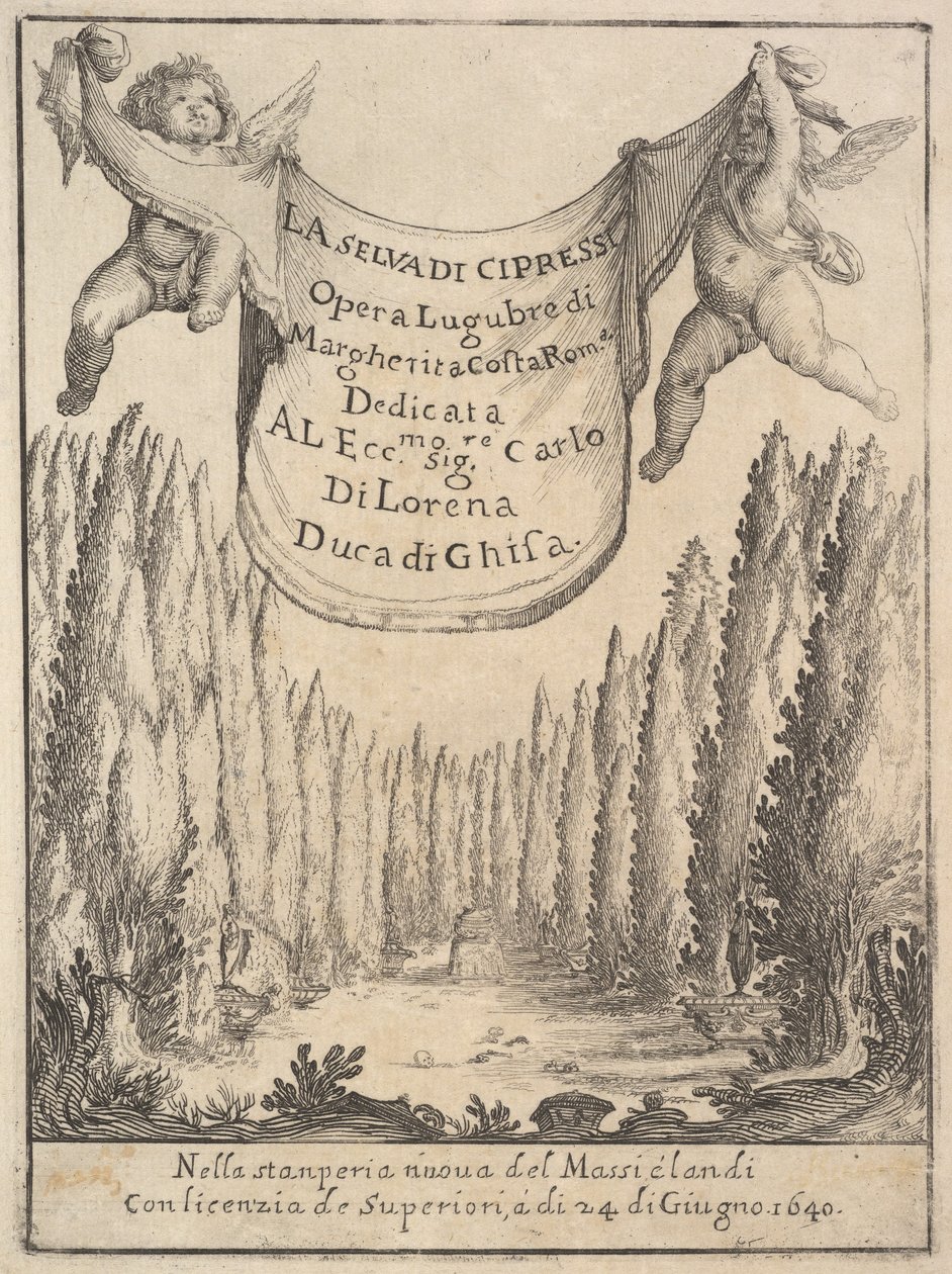 Frontespizio per La selva di cipressi: due putti tengono un arazzo, 1640 da Stefano della Bella