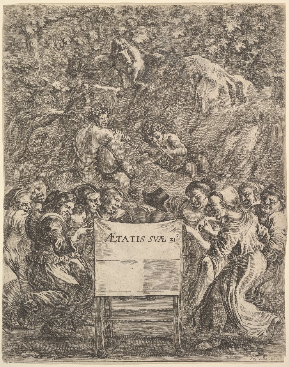 Frontespizio per Le Opere di Scarron, il poeta seduto su una sedia, 1649 da Stefano della Bella