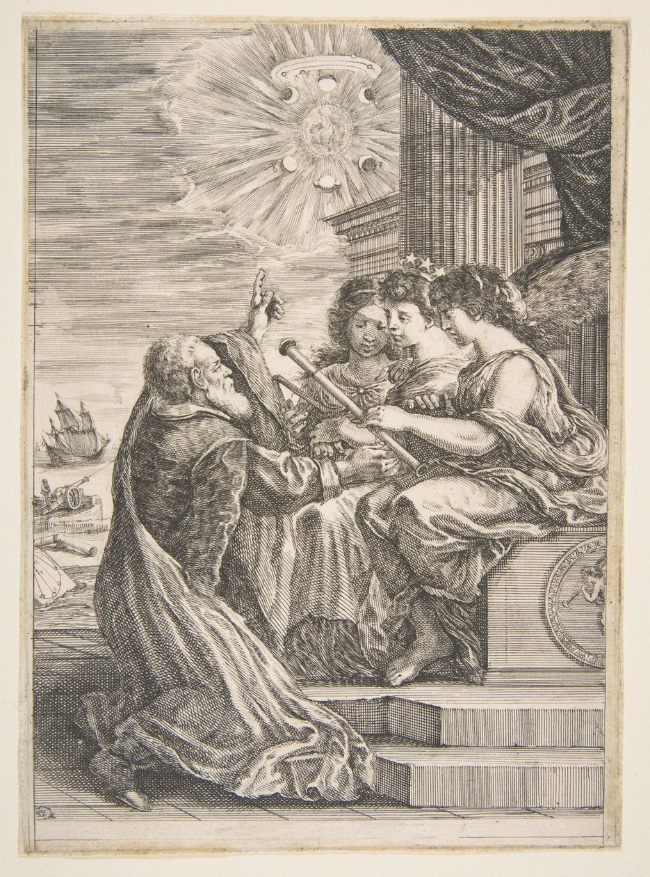 Galileo e personificazioni di Astronomia, Prospettiva e Matematica, frontespizio per da Stefano della Bella