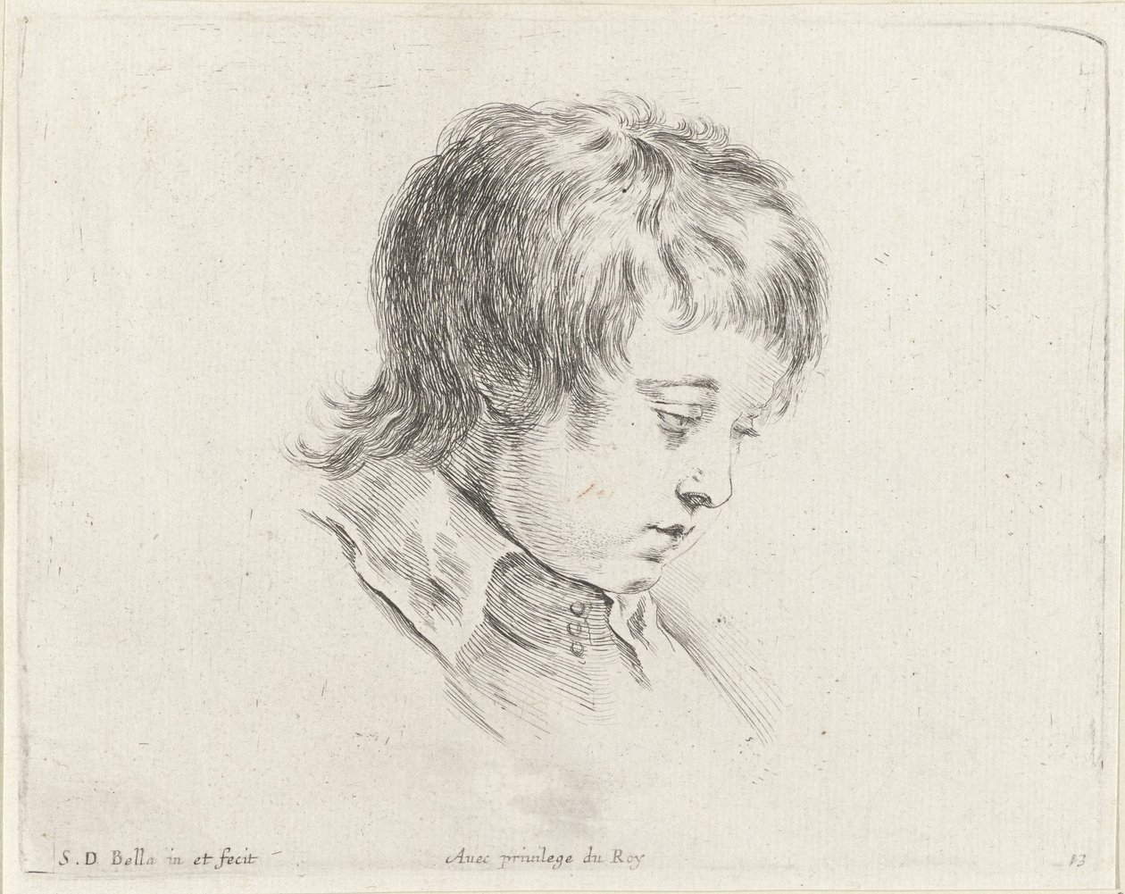 Testa di un giovane che guarda in basso a destra (De beginselen van het tekenen, I principii del disegno) da Stefano della Bella