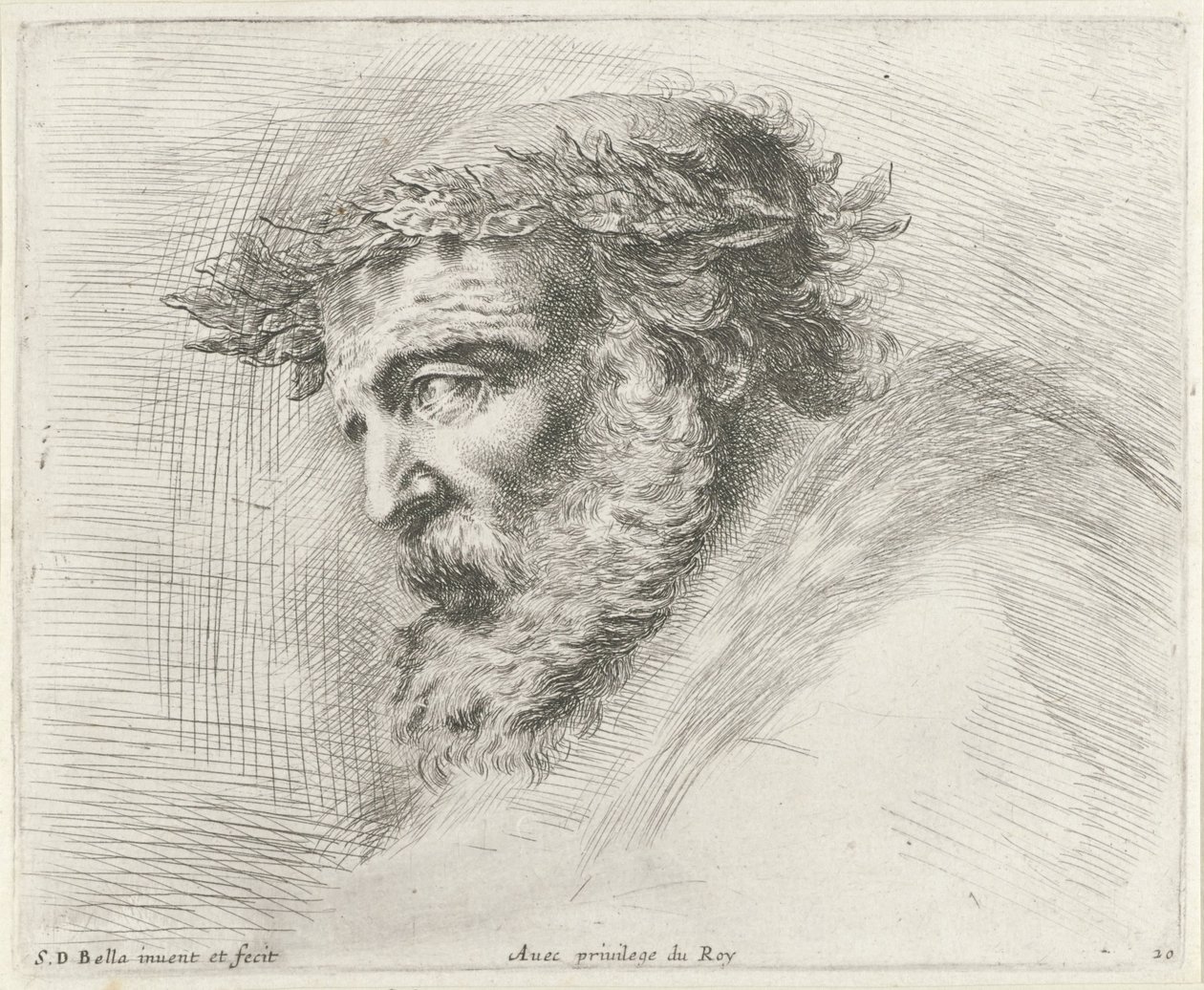 Testa di un vecchio con barba e corona d