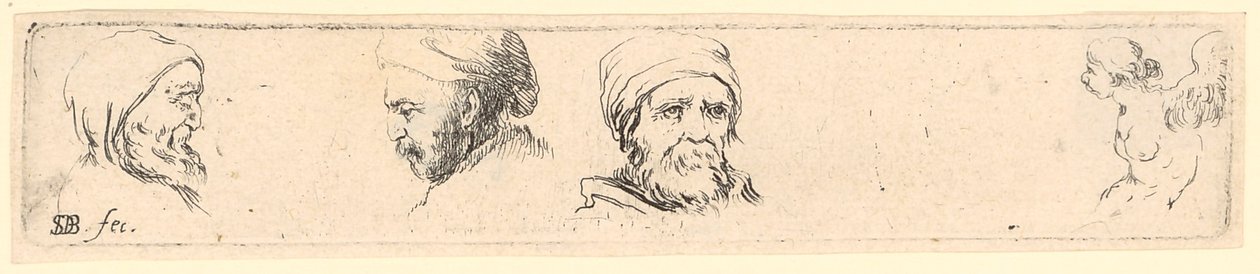 Studi di teste di tre filosofi, a destra studio di una figura alata da Stefano della Bella