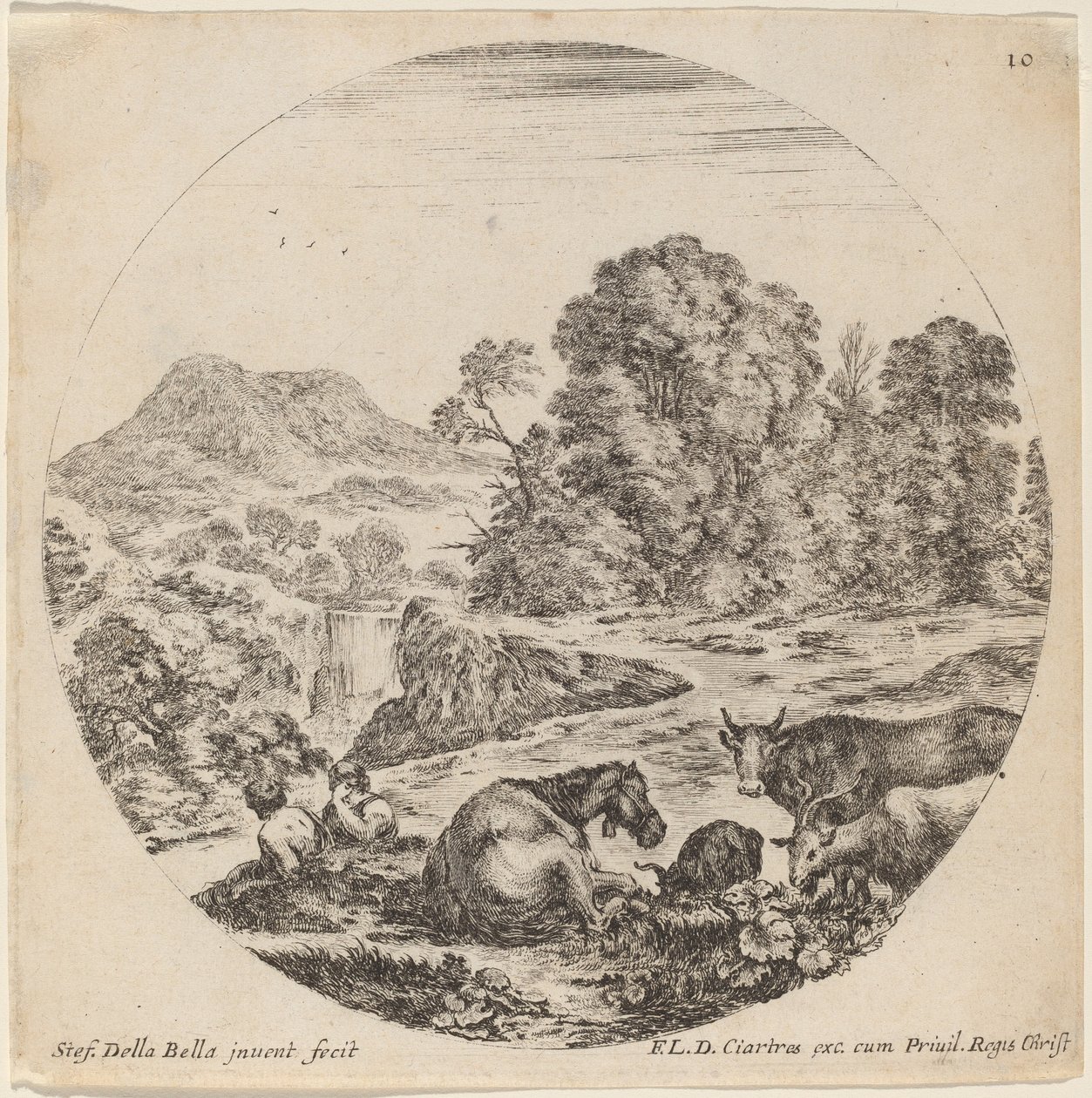 Paesaggio con animali e due pastori seduti, 1646 da Stefano della Bella
