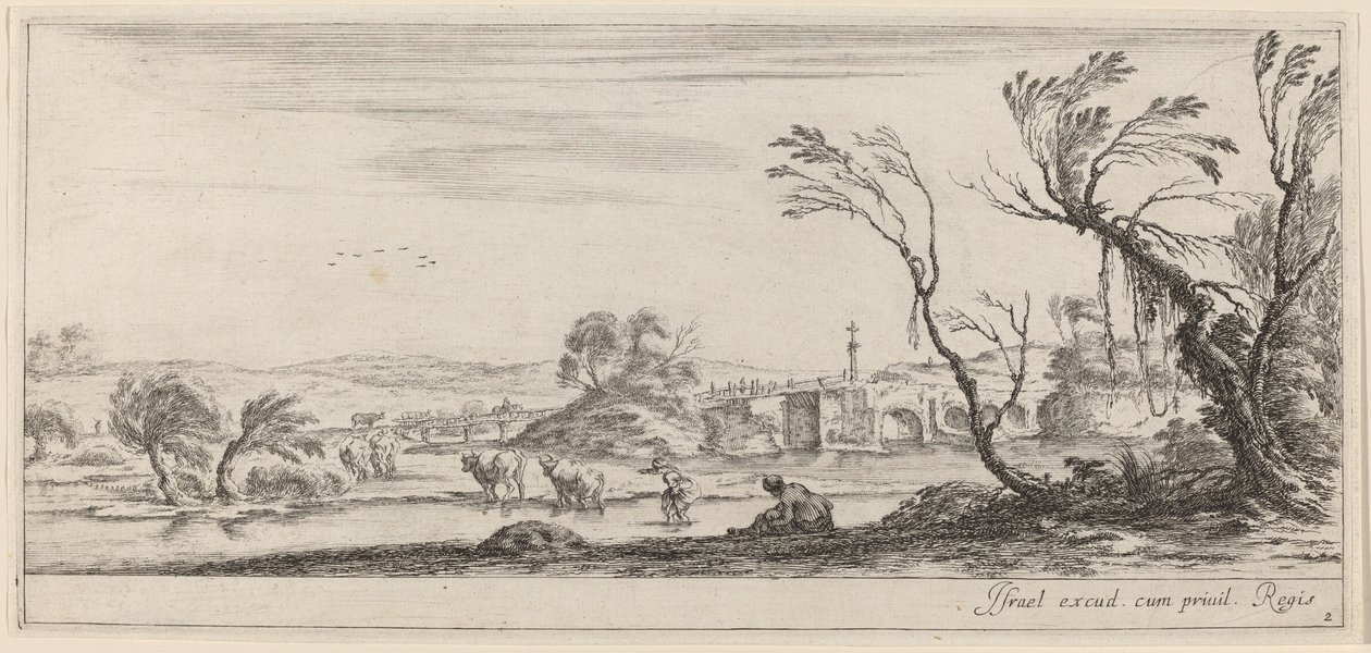 Paesaggio con contadino che si prepara ad attraversare un ruscello, entro il 1647 da Stefano della Bella