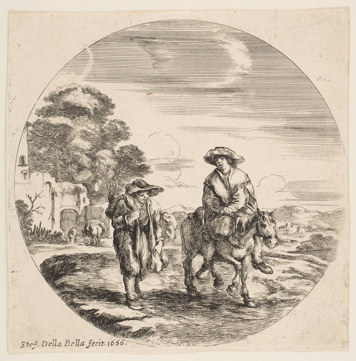 Paesaggio con due contadini, uno a cavallo, da Paesaggi e porti, 1656 da Stefano della Bella