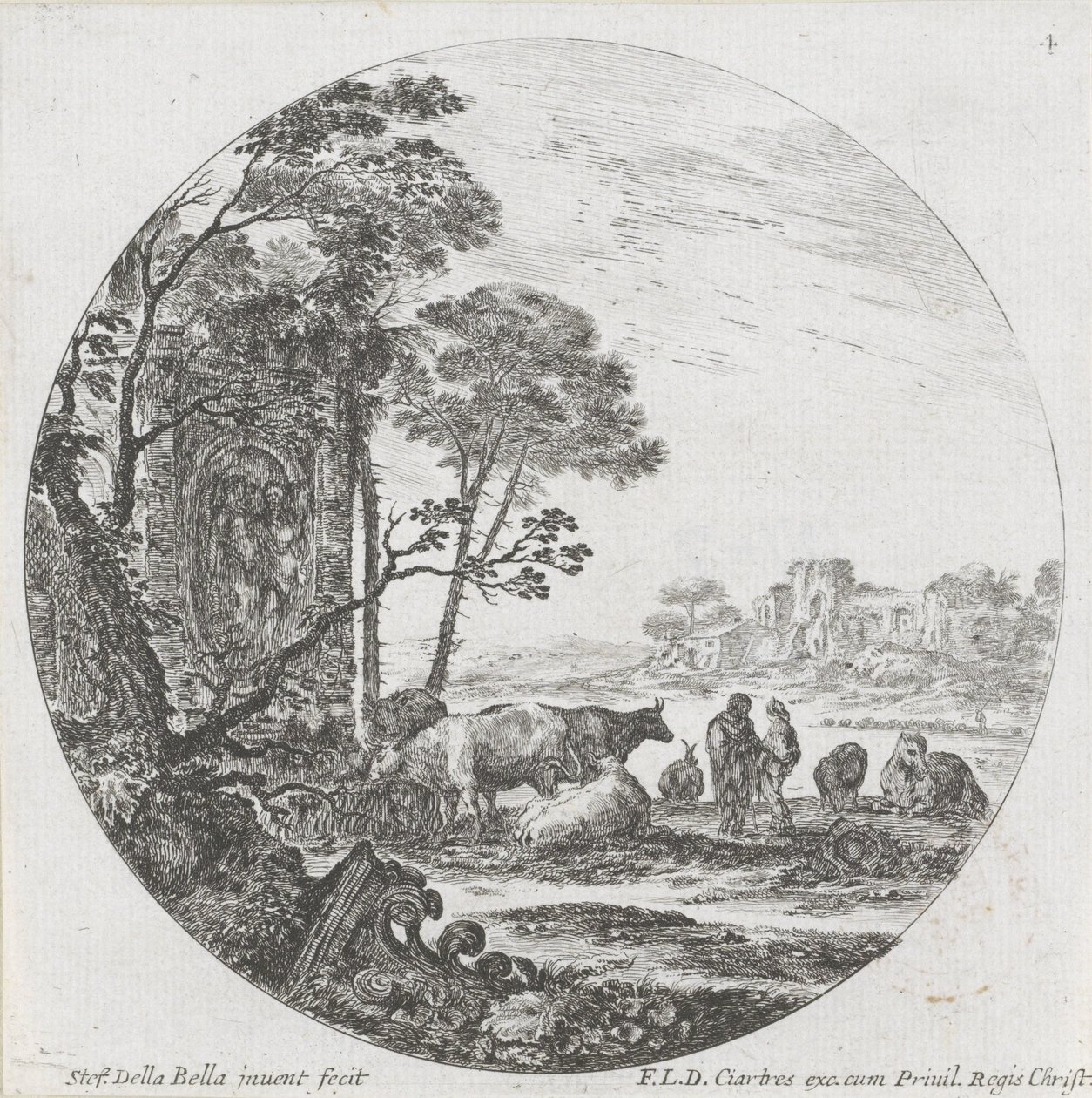 Paesaggio con gregge e capitello corinzio da Stefano della Bella