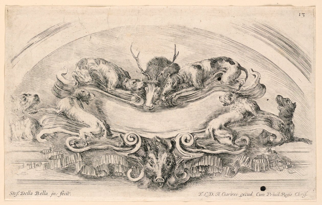 Lunetta con stemmi, n. 13 da "Raccolta di varii cappriccii et nove inventioni di cartelle et ornamenti" da Stefano della Bella