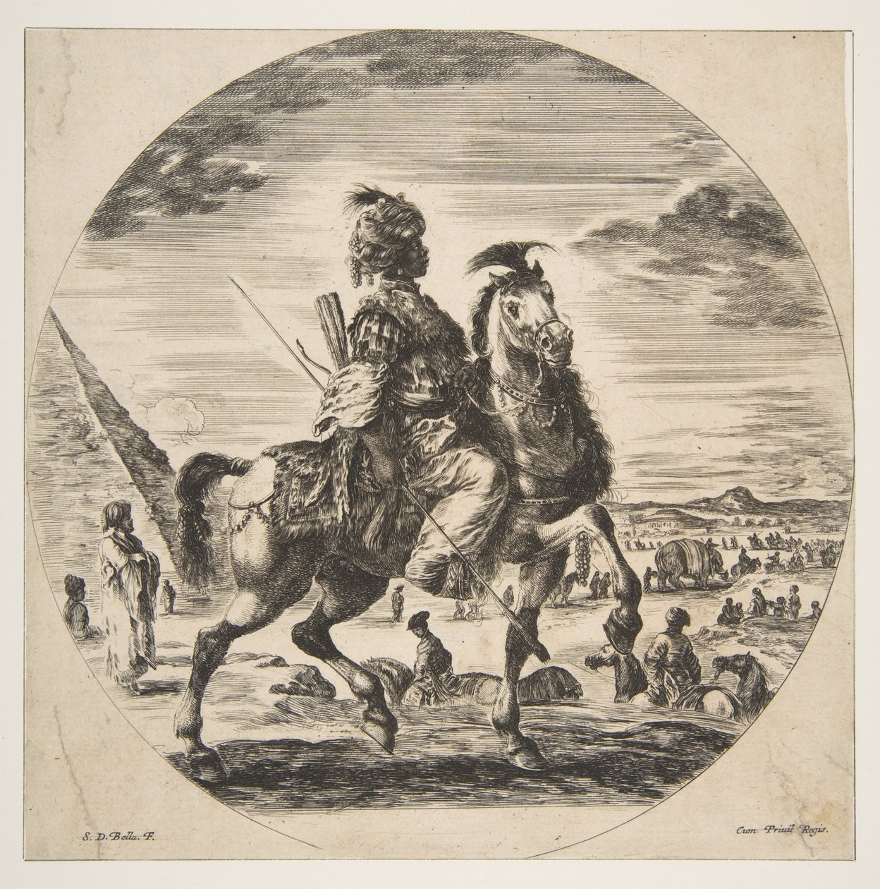 Cavaliere moresco di profilo rivolto a destra, sullo sfondo una piramide a sinistra, molte figure..., ca. 1651 da Stefano della Bella