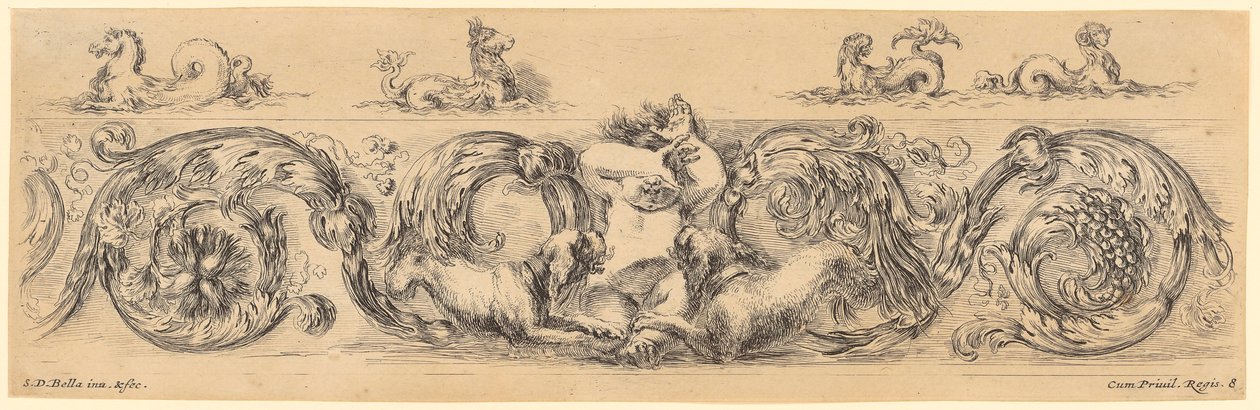 Fregio ornamentale con un bambino nudo al centro, affiancato da due cani rivolti verso di lui; sopra, quattro creature marine mitologiche da Stefano della Bella