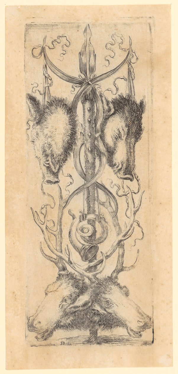 Pannello ornamentale con due teste di cinghiale in alto, due teste di cervo in basso e un corno al centro, foglio 8 della serie “Ornamenti o grottesche” da Stefano della Bella