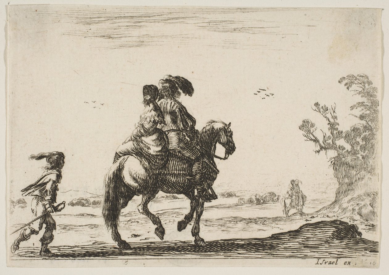 Cavaliere e donna, visti da dietro, che cavalcano verso destra con un giovane da Stefano della Bella
