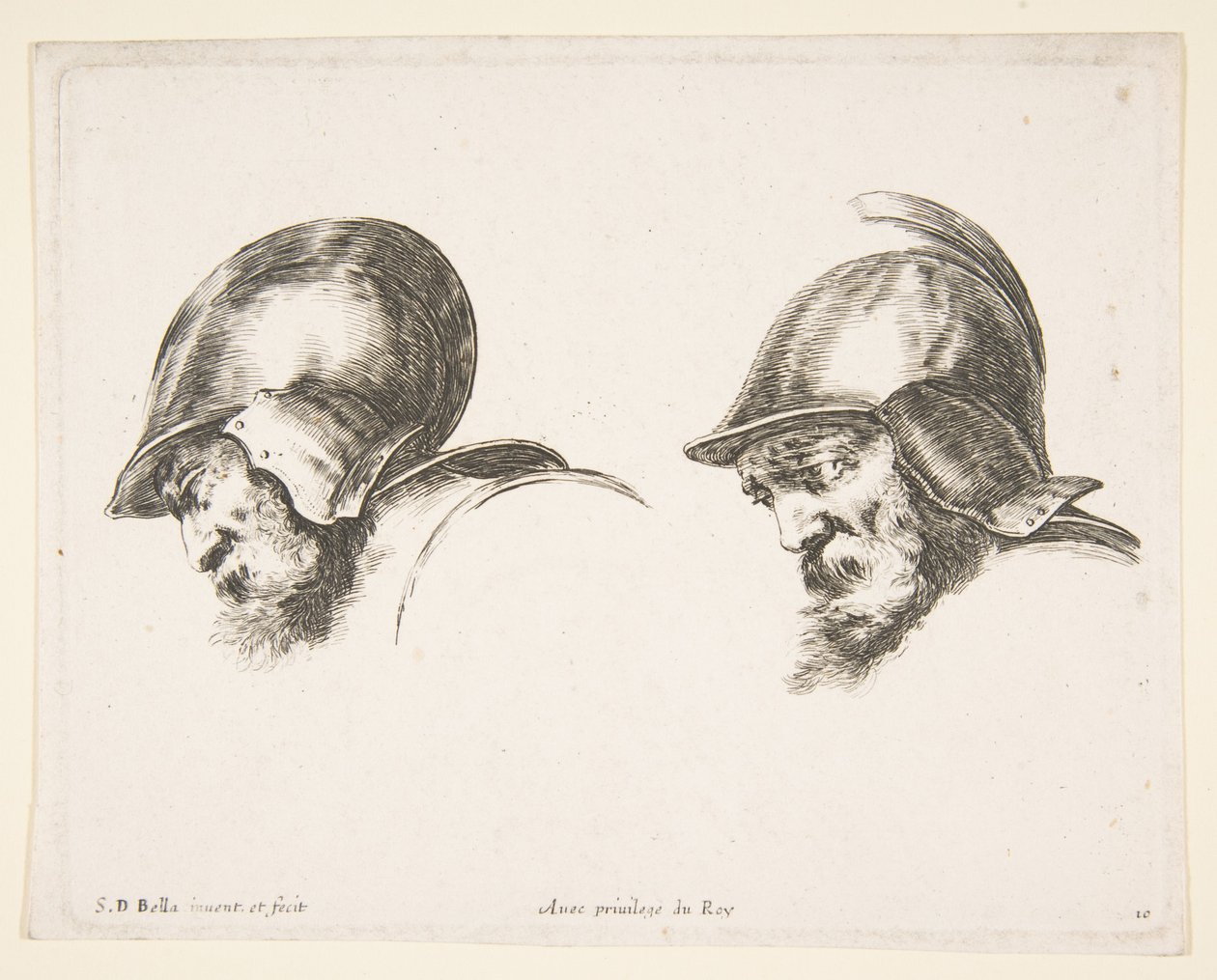 Due teste di vecchi soldati con elmi, entrambi rivolti a sinistra e guardando in basso, ca. 1641 da Stefano della Bella