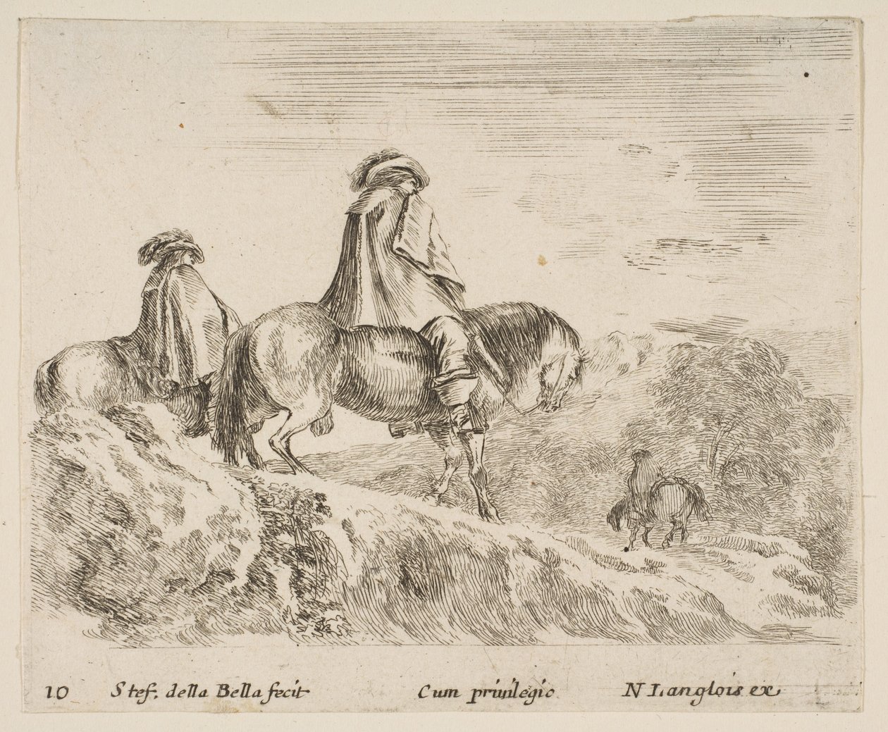Tavola 10: due cavalieri che scendono da una montagna a sinistra, un altro cavaliere a destra da Stefano della Bella