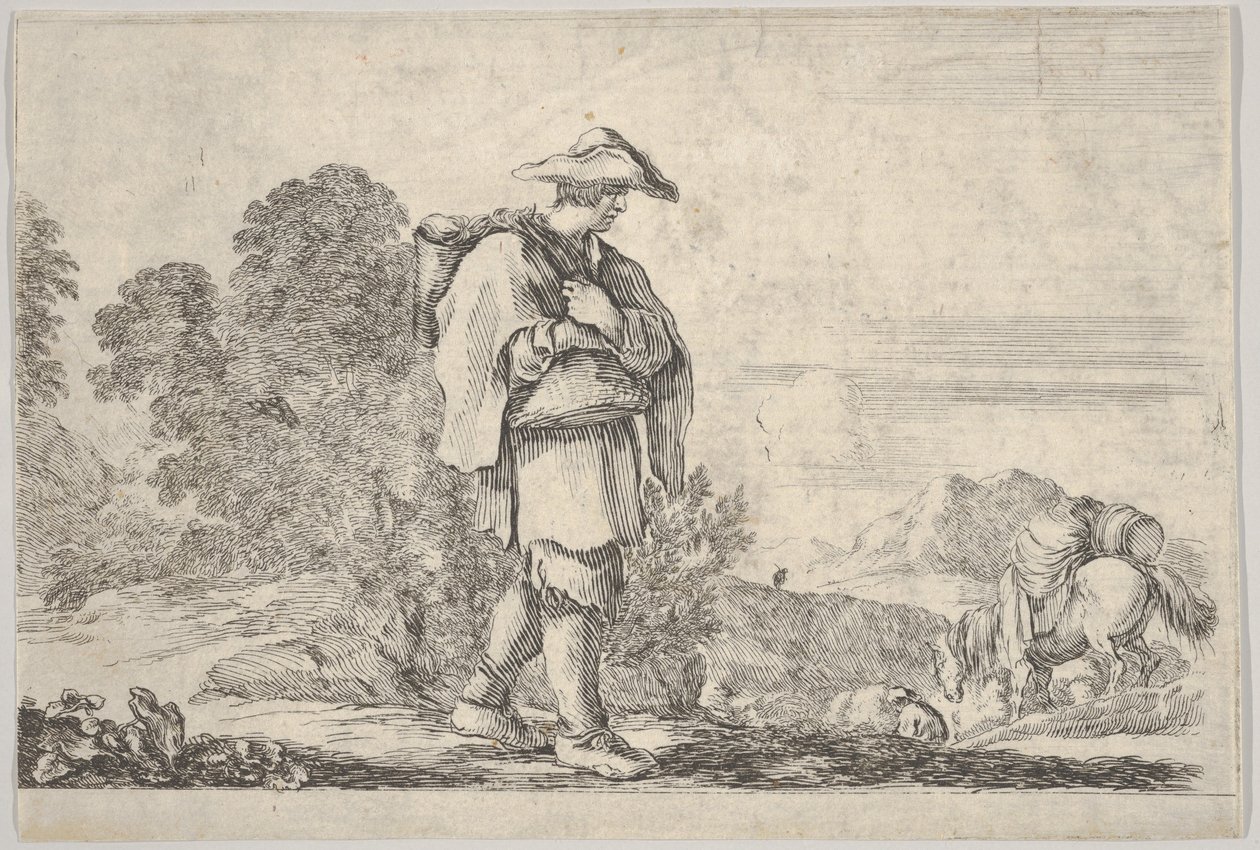 Tavola 11: un contadino con un cappello al centro, che cammina verso destra, un cavallo discende, ca. 1641 da Stefano della Bella