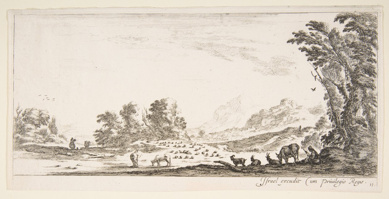 Tavola 11: pastorella seduta a destra sotto un albero, osservando il suo gregge a sinistra, ca. 1641 da Stefano della Bella