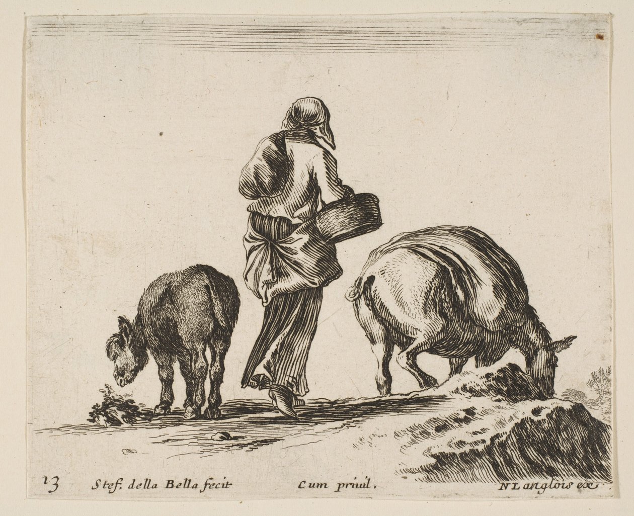 Piatto 13: una contadina, vista da dietro, con un cesto al centro, un asino..., ca. 1644-47 da Stefano della Bella